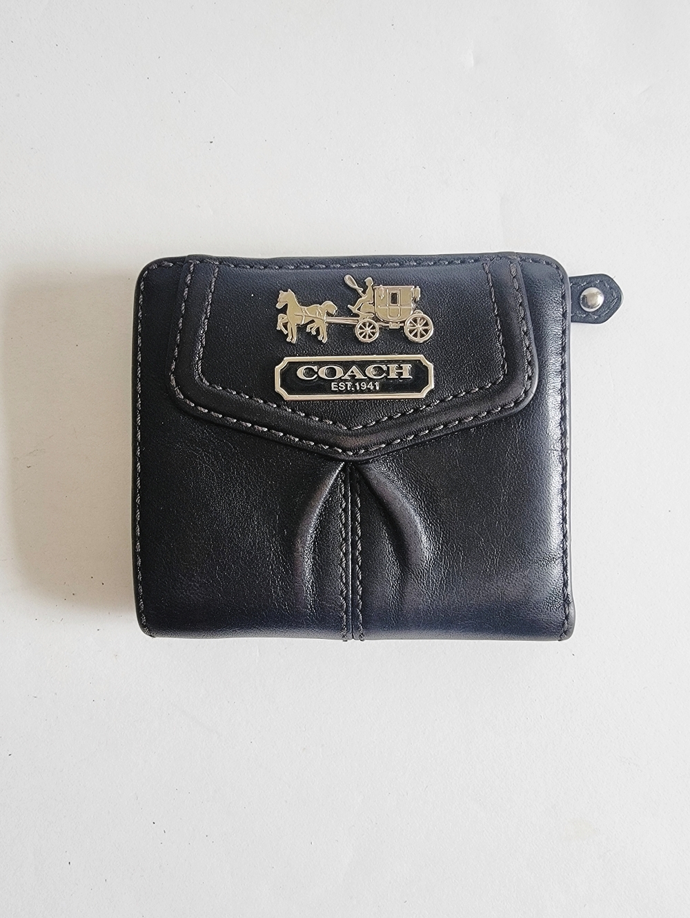 COACH Mini Small Black Leather Bifold Wallet with Horse & Carriage Logo Tiny - Picture 2 of 16